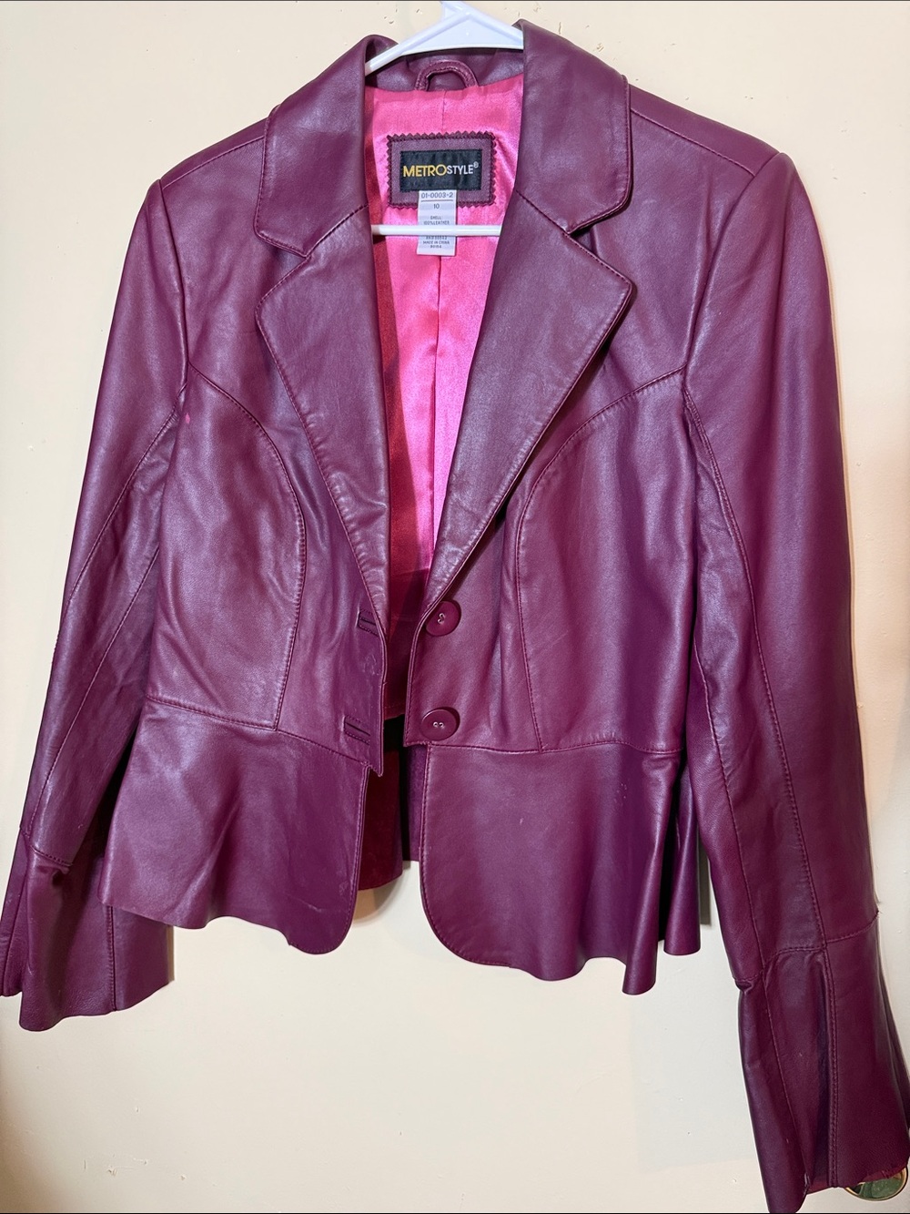 Vintage metrostyle Women's Plum Leather Blazer Jacket with Notch Lapel
